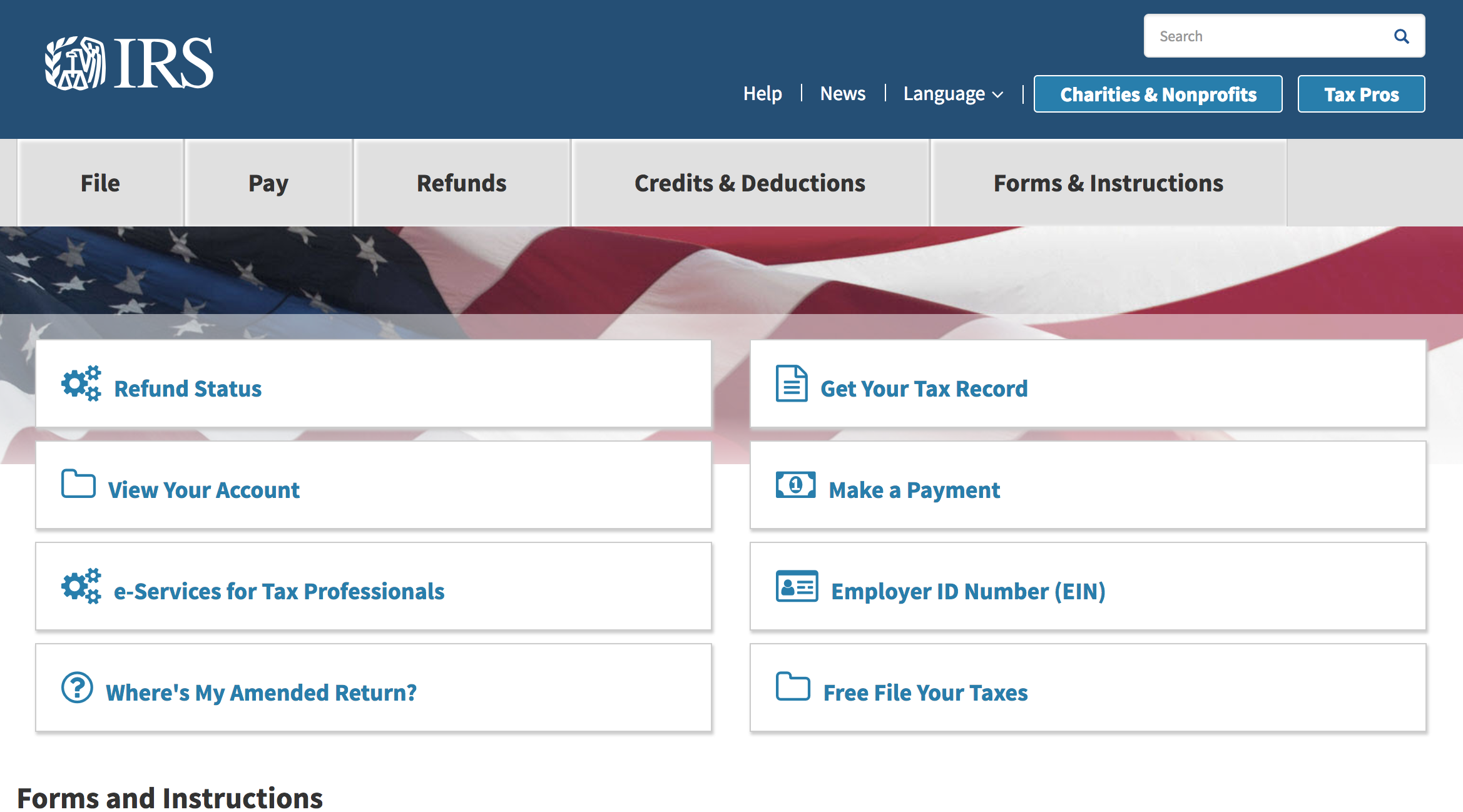 screenshot of the IRS homepage