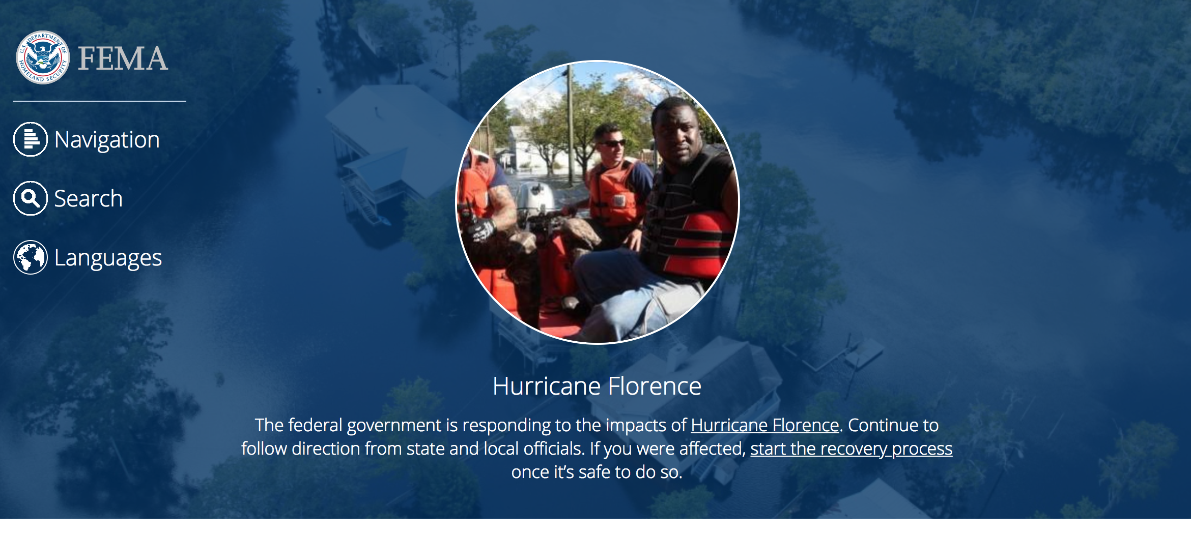 screenshot of the FEMA homepage showing information on Hurricane Florence